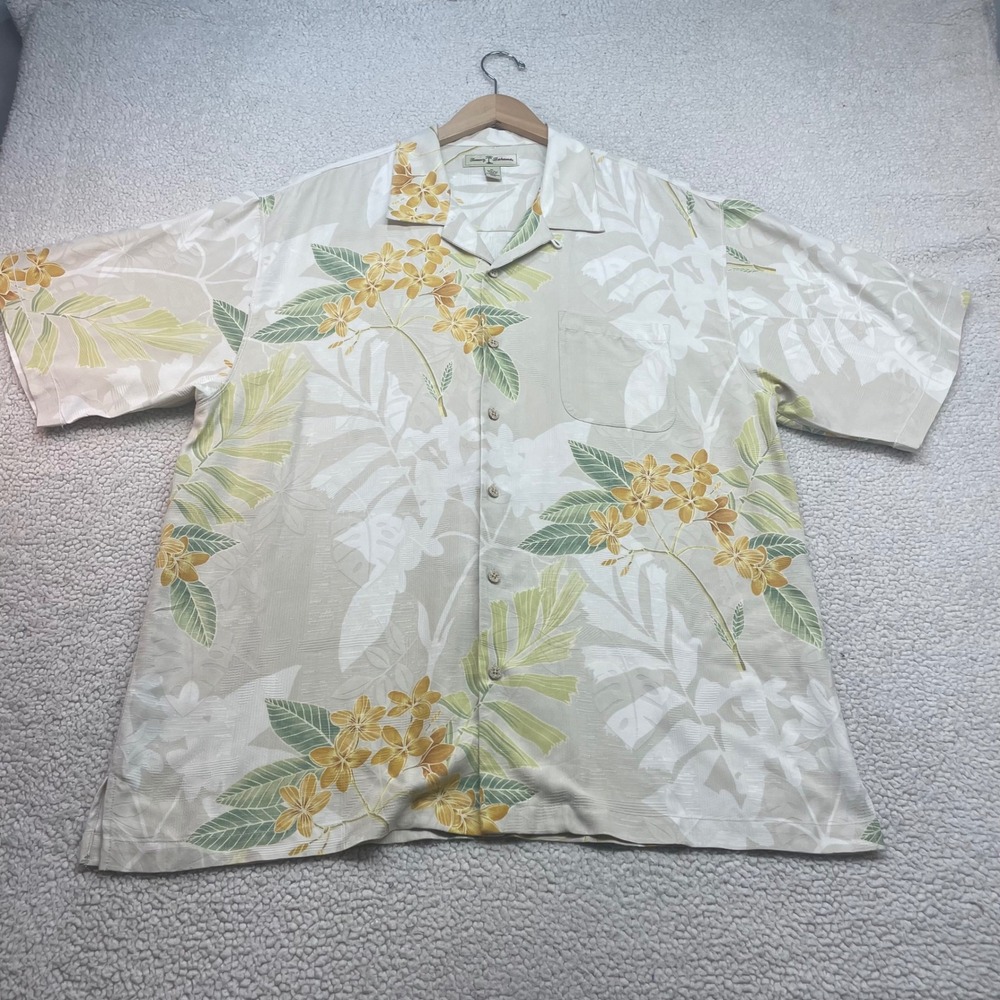 Tommy Bahama Shirt Mens XL Cream Yellow Floral Silk Camp Button Up Tropical 1423